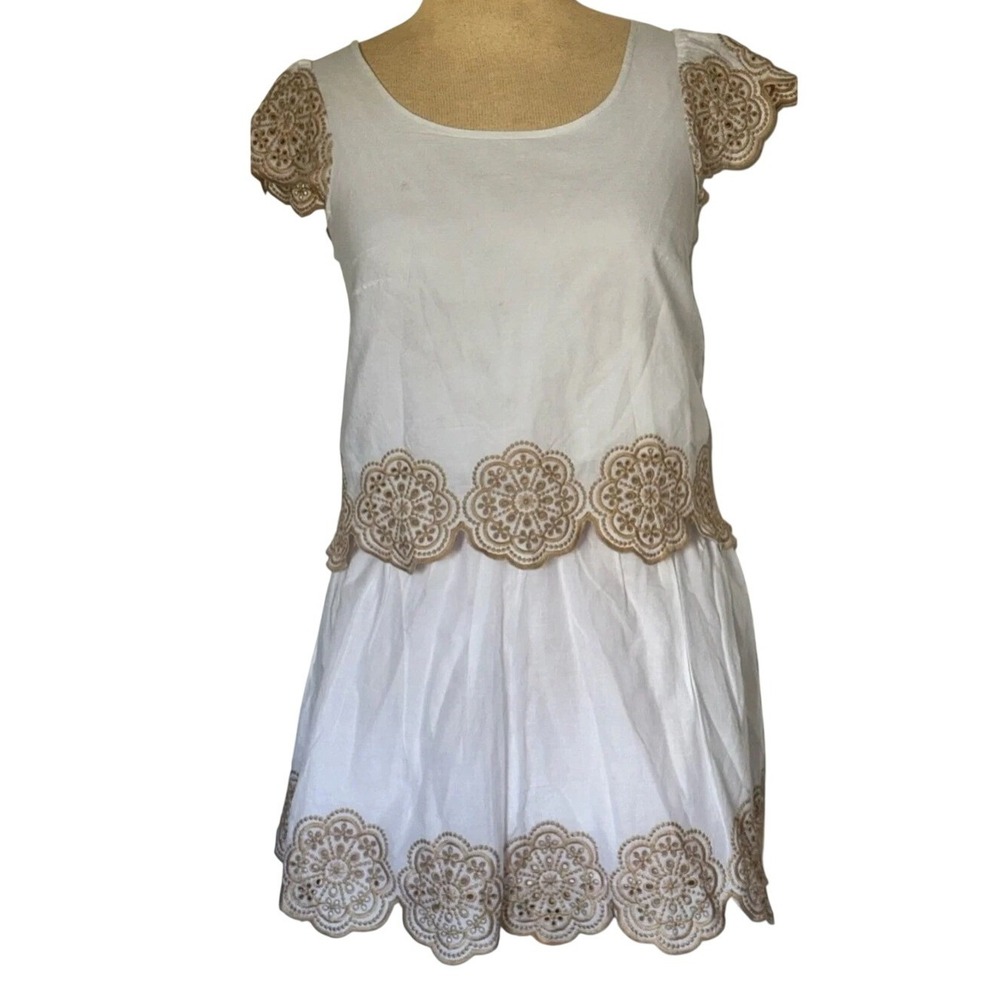 Happily Grey Womens White Tan Floral Eyelet Embroidery 2 Piece Skirt Set Medium